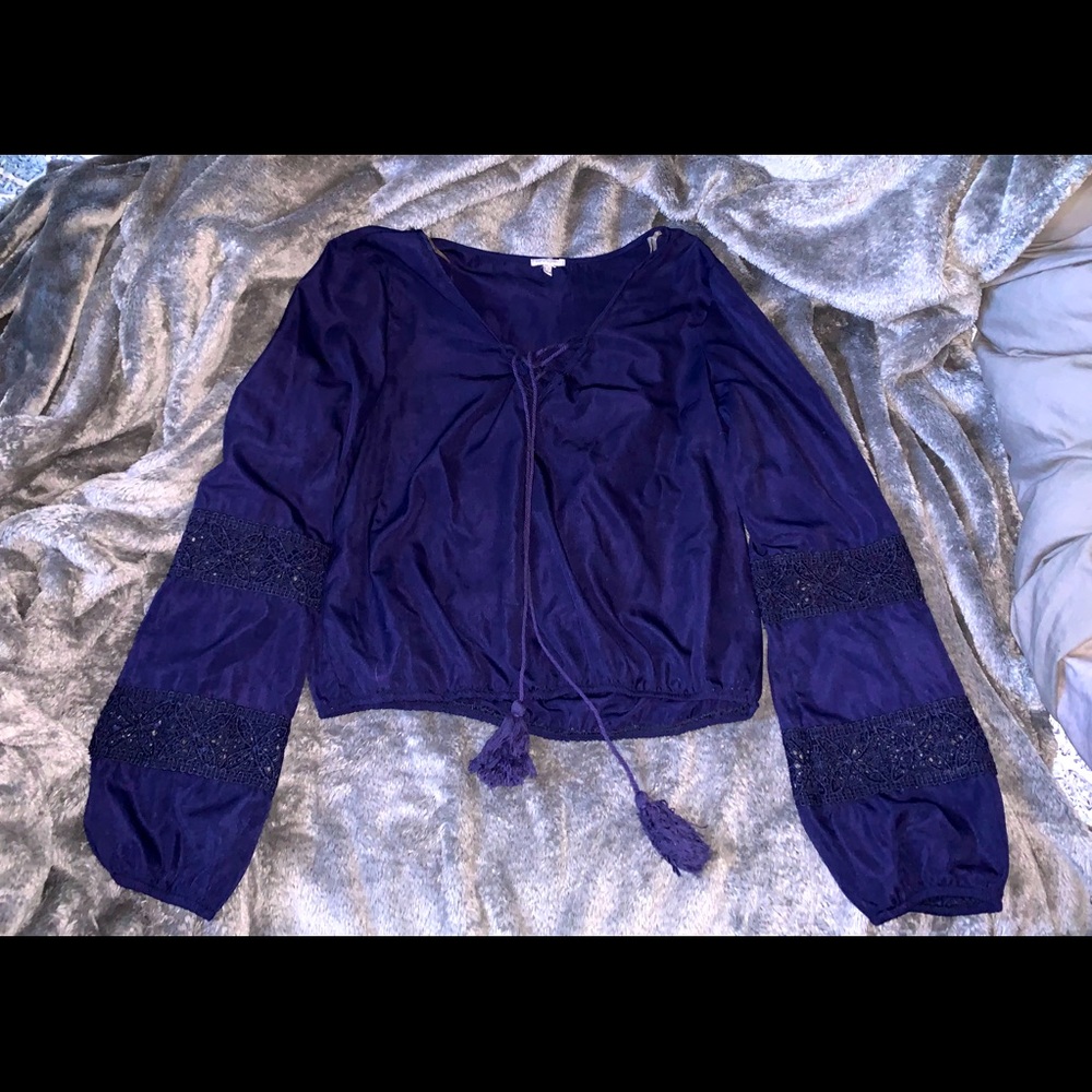 Navy Blue Blouse with Puff/Crocheted Sleeves